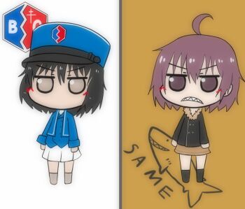 Rule 34 | 2girls, ahoge, andou (girls und panzer), angry, bc freedom (emblem), bc freedom military uniform, bellwall military uniform, black hair, black jacket, blue jacket, brown skirt, chibi, emblem, girls und panzer, girls und panzer little army, girls und panzer saishuushou, hat, jacket, kepi, military hat, miniskirt, mu tan (w), multiple girls, purple hair, shark, sharp teeth, short hair, skirt, teeth, tomboy, white skirt, yamamori neko