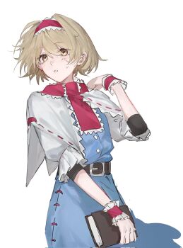 1girl alice_margatroid belt blonde_hair blue_dress book brown_eyes capelet commentary dress frilled_wrist_cuffs frills hairband highres holding holding_book looking_at_viewer parted_lips red_hairband simple_background solo takoyaki5221 touhou white_background white_capelet wrist_cuffs