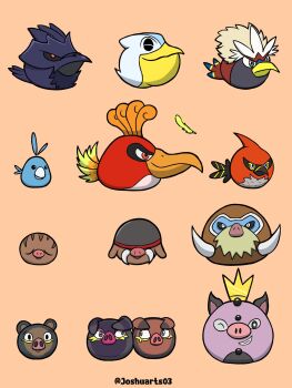 angry_birds animal_focus bird black_eyes black_sclera braviary bright_pupils brown_background closed_eyes closed_mouth colored_sclera commentary corviknight crown gen_2_pokemon gen_3_pokemon gen_4_pokemon gen_5_pokemon gen_6_pokemon gen_8_pokemon grey_eyes grey_helmet grin grumpig helmet highres ho-oh joshuarts03 lechonk legendary_pokemon mamoswine nintendo no_humans nostrils oinkologne oinkologne_(female) oinkologne_(male) one_eye_closed parody pelipper pig piloswine pokemon pokemon_(creature) pokemon_focus red_eyes smile style_parody swablu swinub talonflame teeth tusks twitter_username white_pupils