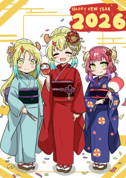 2026 3girls aged_down alternate_breast_size_(smaller) blonde_hair blue_kimono closed_eyes female_focus ilulu_(maidragon) japanese_clothes kimono kobayashi-san_chi_no_maidragon looking_at_viewer lucoa_(maidragon) multiple_girls petla_(maidragon) purple_kimono red_hair red_kimono sandals yellow_eyes