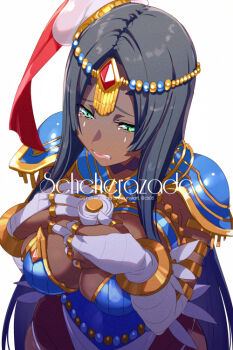 1girl arm_wrap armlet armor bandaged_arm bandages between_breasts black_hair blue_armor bracelet breastplate breasts bridal_gauntlets character_name circlet cleavage dark-skinned_female dark_skin echo_(circa) facial_mark fate/grand_order fate_(series) forehead_jewel gold_trim green_eyes hat jewelry large_breasts long_hair looking_at_viewer parted_bangs pauldrons ring scheherazade_(fate) scroll shoulder_armor solo