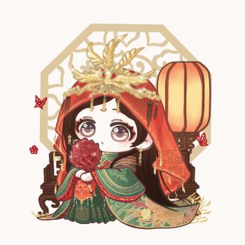 1girl :o animated animated_gif bouquet bridal_veil bride brown_eyes chibi chinese_clothes chinese_commentary commentary_request crimson_phoenix_(shining_nikki) crown expressionless eyelashes eyeshadow floral_print flower gold_crown green_hanfu hanfu holding holding_bouquet lantern lattice light_blush long_sleeves looking_at_viewer looping_animation makeup nikki_(series) official_alternate_color on_throne paper_lantern parted_lips red_eyeshadow red_flower red_rose red_vest rose shining_nikki sitting sitting_on_throne solo tareme throne veil vest white_background wide_sleeves xiaoyu_qixing