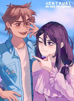 1boy 1girl alternate_costume alternate_hairstyle antenna_hair artist_name bare_shoulders belt black_belt black_eyes black_hair blue_jacket blurry blurry_background breast_pocket brown_eyes brown_hair closed_mouth clothing_cutout collared_jacket commentary double-parted_bangs ear_piercing english_commentary hair_between_eyes hand_on_own_hip hero_(faraway)_(omori) hero_(omori) highres jacket long_hair long_sleeves looking_at_another mari_(faraway)_(omori) mari_(omori) mole mole_under_eye omori one_eye_closed open_mouth piercing pocket purple-shirt shirt short-sleeved_jacket short_hair short_sleeves shoulder_cutout t-shirt teeth tongue upper_teeth_only white_shirt zntauri