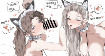 1boy 2girls alternate_costume alternate_hairstyle anger_vein animal_ears bent_over bikini breasts brown_hair cat_ears english_text erection fake_animal_ears fellatio forehead goddess_of_victory:_nikke grey_eyes heart hetero highres ingrid_(nikke) large_breasts long_hair looking_at_viewer maid_headdress mrs._miss_(nikke) multiple_girls open_mouth oral penis spoken_anger_vein spoken_heart sweat swimsuit teeth tongue tongue_out upper_teeth_only vlzkcbqorn