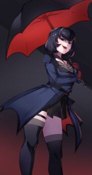 1girl black_hair black_thighhighs blood breasts deadlock_(game) gloves highres holding holding_umbrella jacket large_breasts long_sleeves mina_(deadlock) mocomori red_eyes red_gloves short_hair skirt teeth thighhighs thighs umbrella vampire