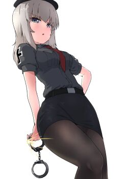 1girl black_pantyhose blue_eyes blush breasts buchikaki cuffs girls_und_panzer grey_hair hand_on_own_hip handcuffs highres itsumi_erika kuromorimine_school_uniform large_breasts long_hair looking_at_viewer miniskirt necktie open_mouth pantyhose red_necktie school_uniform skirt solo