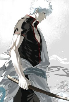 1boy arm_out_of_sleeve black_shirt closed_mouth commentary_request cowboy_shot gintama highres holding holding_sword holding_weapon japanese_clothes kimono muscular muscular_male nil_note0 profile red_eyes sakata_gintoki shirt short_sleeves solo sword weapon white_hair white_kimono wooden_sword