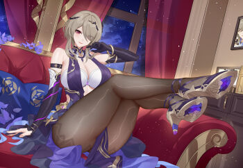 1girl alternate_breast_size_(larger) asymmetrical_gloves bare_shoulders black_pantyhose breasts chinese_commentary cleavage closed_mouth commentary_request dress eyes_visible_through_hair fingernails gloves grey_hair hair_over_one_eye hand_up high_heels highres honkai_(series) honkai_impact_3rd huge_breasts indoors legs_up looking_at_viewer medium_hair mismatched_gloves mole mole_under_eye paid_reward_available pantyhose pink_eyes purple_dress purple_gloves rita_rossweisse rita_rossweisse_(miss_espionage) smile solo wu_ganlan_cai