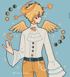 Rule 34 | 1boy, angel, angel wings, arrow (projectile), arrow in head, ascot, belt, belt chain, blonde hair, blue background, blue belt, blue eyes, constellation, crescent, crescent earrings, crescent halo, crescent moon, crescent pin, earrings, emily kim, frilled ascot, frilled sleeves, frills, halo, heart, heart arrow, highres, jewelry, looking to the side, male focus, moon, moon phases, object through head, original, pants, pinstripe pants, pinstripe pattern, shirt, simple wings, solo, sparkle, twitter username, white ascot, white shirt, wide sleeves, wings, yellow halo, yellow pants, yellow wings