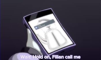 2girls animated cellphone character_request chating child indie_virtual_youtuber multiple_girls phone playing_games purple_hair restaurant room tagme talking video white_hair