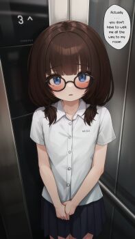 1girl absurdres alternate_language bare_arms black-framed_eyewear blue_eyes blue_skirt blush brown_hair collarbone collared_shirt comodox cowboy_shot dress_shirt elevator english_text glasses highres huge_filesize indoors large_variant_set long_hair looking_at_viewer low_twintails miniskirt open_mouth original pleated_skirt school_uniform sheryn_(comodox) shirt short_sleeves skirt solo speech_bubble standing twintails variant_set white_shirt