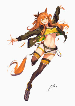 Rule 34 | 1girl, absurdres, animal ears, belt, blush, bomber jacket, bow, breasts, brown ribbon, commentary request, crop top, dog tags, ear bow, ear ribbon, full body, green belt, green jacket, highres, horse ears, horse girl, horse tail, jacket, long hair, long sleeves, looking at viewer, mayano top gun (scramble zone) (umamusume), mayano top gun (umamusume), midriff, navel, open clothes, open jacket, open mouth, orange hair, orange tail, ribbon, ringring (artist), shirt, shoes, shorts, simple background, small breasts, smile, solo, stomach, tail, thighhighs, two side up, umamusume, white background, white shorts, yellow shirt