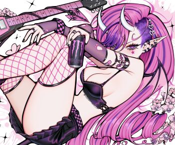 ark_evil02 black_nails black_skirt bra breasts can cleavage curly_hair demon_girl demon_horns demon_tail drink_can fishnet_sleeves fishnet_thighhighs fishnets flower guitar highres horns indie_virtual_youtuber instrument ironmouse long_hair medium_breasts monster_energy pink_flower pink_hair pointy_ears purple_eyes purple_hair skirt tail thighhighs thighs underwear virtual_youtuber white_horns