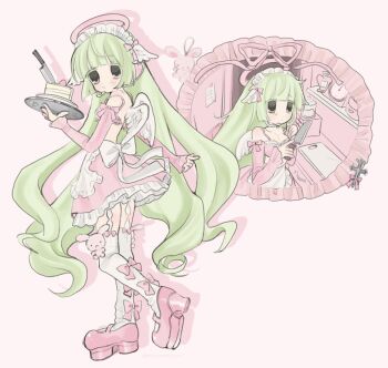 1girl angel_wings apron bad_id bad_twitter_id bow cake food from_behind green_eyes green_hair head_wings highres holding holding_plate knife long_hair looking_at_viewer maid maid_headdress marumetu100 midriff multiple_views original pink_background pink_bow pink_shoes pink_skirt plate shoes simple_background skirt stuffed_animal stuffed_rabbit stuffed_toy thighhighs very_long_hair white_apron white_thighhighs wings