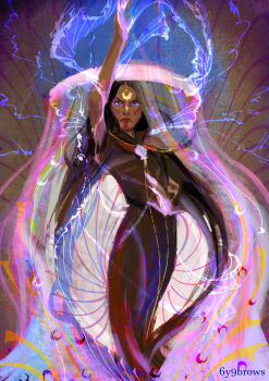 1girl 6y9brows absurdres arm_up artist_name avatar:_the_last_airbender avatar_legends blue_eyes commentary crescent crescent_facial_mark dark-skinned_female dark_skin english_commentary facepaint facial_mark hat highres katara long_hair shell solo standing wide_sleeves