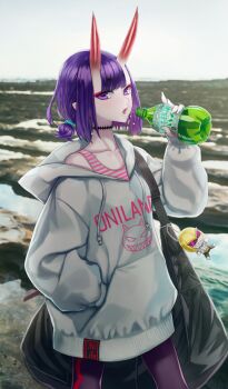 Rule 34 | 1girl, bag, black choker, bottle, breasts, character doll, choker, clothes writing, collarbone, commentary request, cowboy shot, day, doll, drawstring, eating, eyeshadow, fate/grand order, fate (series), game cg, gourd, grey sweater, hand in pocket, holding, holding bottle, holding gourd, honjou raita, hood, hood down, hooded sweater, horns, leggings, long sleeves, low ponytail, makeup, medium hair, official alternate costume, official art, oni, open mouth, outdoors, photo background, pointy ears, ponytail, purple eyes, purple hair, purple leggings, red eyeshadow, sakata kintoki (fate), shirt, short ponytail, shoulder bag, shuten douji (fate), shuten douji (over the same sky) (fate), sidelocks, skin-covered horns, small breasts, solo, striped clothes, striped shirt, sweater, tank top, third-party source