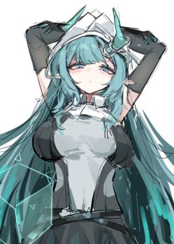 1girl arknights arknights:_endfield arms_up black_gloves blue_eyes blue_hair breasts check_translation closed_mouth elbow_gloves gloves horns korean_commentary long_hair looking_at_viewer purerin shirt simple_background sketch sleeveless sleeveless_shirt solo translation_request very_long_hair white_background xaihi_(arknights)