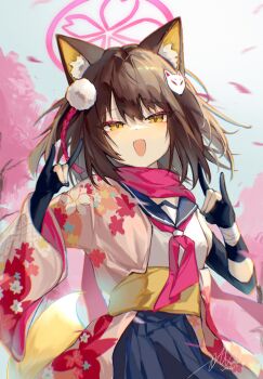 1girl :d \m/ animal_ear_fluff animal_ears bandaged_wrist bandages black_gloves blue_archive blue_sailor_collar blue_skirt breasts brown_hair cherry_blossoms chromatic_aberration colored_inner_animal_ears commentary dated double_\m/ double_fox_shadow_puppet eyeshadow falling_petals fang floral_print floral_print_kimono fox_ears fox_girl fox_hair_ornament fox_shadow_puppet fox_tail gloves hair_between_eyes hair_ornament halo hands_up highres izuna_(blue_archive) japanese_clothes kimono long_sleeves looking_at_viewer makeup making-of_available medium_hair open_mouth partially_fingerless_gloves petals pink_halo pink_kimono pink_petals pleated_skirt pom_pom_(clothes) pom_pom_hair_ornament print_kimono red_eyeshadow red_scarf sailor_collar sash scarf school_uniform serafuku shirt signature skirt small_breasts smile solo symbol-only_commentary taebitianxia tail tassel tassel_hair_ornament tree tsurime white_background white_shirt wide_sleeves yellow_eyes yellow_sash