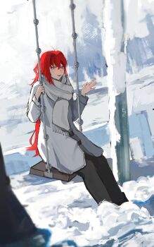 1girl absurdres aozaki_aoko black_footwear black_pants blue_eyes boots coat hair_intakes highres light_smile long_hair long_sleeves looking_at_viewer mahou_tsukai_no_yoru on_swing pants red_hair salsa_dance scarf smile snow swing swinging type-moon very_long_hair white_coat white_scarf winter winter_clothes winter_coat