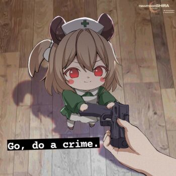 Rule 34 | 1girl, 1other, animal ears, apron, blush stickers, brown hair, closed mouth, dress, go do a crime (meme), green dress, gun, hat, highres, holding, holding gun, holding weapon, indie virtual youtuber, looking at viewer, medium hair, meme, newmoonshira, nimi nightmare, nimi nightmare (1st costume), nurse cap, one side up, pantyhose, red eyes, smile, tapir ears, tapir girl, virtual youtuber, weapon, white apron, white hat, white pantyhose, wooden floor