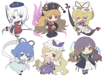 6+girls bead_necklace beads belt black_belt black_dress black_hat black_shoes blonde_hair blue_dress blue_eyes blue_hair blue_hat boots bow bow_(weapon) braid brown_boots brown_eyes brown_hair buttons chibi chibi_only chinese_clothes closed_mouth collared_shirt collared_vest commentary_request constellation_print crescent crescent_print criss-cross_straps cross crossed_legs dress empty_eyes energy food frills fruit full_body gap_(touhou) gradient_hair grey_eyes hair_between_eyes hair_bow hair_ornament hair_rings hair_stick hand_fan hand_on_own_face hand_up hands_up hat hat_ribbon hijiri_byakuren holding holding_bow_(weapon) holding_fan holding_food holding_fruit holding_weapon index_finger_raised jewelry juliet_sleeves junko_(touhou) kaku_seiga korean_commentary ktsis long_hair long_sleeves looking_at_viewer low-braided_long_hair low-tied_long_hair mandarin_collar mob_cap multicolored_hair multiple_girls neck_ribbon necklace nurse_cap one_eye_closed open_clothes open_mouth open_vest orange_hair parted_bangs peach phoenix_print pill pinafore_dress pom_pom_(clothes) puffy_short_sleeves puffy_sleeves purple_dress purple_eyes purple_hair purple_ribbon purple_tabard red_bow red_dress red_ribbon red_tabard ribbon shirt shoes short_hair short_sleeves sidelocks simple_background single_braid sitting sleeveless sleeveless_dress smile socks sorcerer's_sutra_scroll standing tabard tassel tongue touhou two-tone_dress two-tone_hair very_long_hair vest watatsuki_no_toyohime wavy_hair weapon white_background white_belt white_dress white_hair white_hat white_shirt white_socks white_vest wide_sleeves yagokoro_eirin yakumo_yukari yellow_ribbon