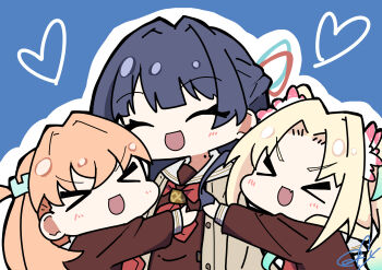 Rule 34 | > <, 3girls, :d, ^ ^, absurdres, aqua hair, blonde hair, blue background, blush, brown cardigan, brown dress, cardigan, chibi, chibi only, closed eyes, commentary, dress, fang, gradient hair, group hug, hair ornament, half updo, hashtag-only commentary, hasu no sanrenka, hasu no sora school uniform, heart, highres, hinoshita kaho, hug, link! like! love live!, long sleeves, love live!, mole, mole on neck, multicolored hair, multiple girls, murano sayaka, neckerchief, oofushi ao, open cardigan, open clothes, open mouth, orange hair, osawa rurino, outline, rabbit hair ornament, red neckerchief, sailor collar, sailor dress, school uniform, signature, simple background, skin fang, smile, two side up, virtual youtuber, white outline, white sailor collar, winter uniform, xd