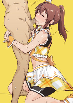 1boy 1girl :&gt;= absurdres back_bow bare_shoulders black_choker black_shorts bow brown_hair censored choker closed_eyes clothed_female_nude_male clothed_sex commentary_request crop_top fellatio frilled_shirt frills from_side hands_up hat hetero high_ponytail highres hug_and_suck idolmaster idolmaster_million_live! kirihara_you layered_skirt male_pubic_hair medium_hair midriff mini_hat miniskirt mosaic_censoring motion_lines nude oral orange_bow orange_shoes penis ponytail pubic_hair saliva satake_minako shirt shoes shorts shorts_under_skirt sidelocks simple_background sitting skirt sleeveless sleeveless_shirt solo_focus sweat testicles two-tone_footwear two-tone_shirt two-tone_skirt wariza white_footwear white_headwear white_shirt white_skirt wrist_cuffs yellow_background yellow_shirt yellow_skirt