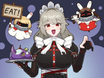 Rule 34 | 1girl, alexandrina sebastiane, anastella (zenless zone zero), bangboo (zenless zone zero), benis zzz, black dress, blonde hair, breasts, brown hair, commentary request, dress, drusilla (zenless zone zero), gloves, grey hair, hair between eyes, highres, holding, holding plate, large breasts, long hair, maid, maid headdress, open mouth, partially fingerless gloves, plate, red eyes, smile, upper body, zenless zone zero