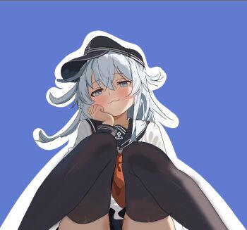 1girl :3 black_sailor_collar black_thighhighs blue_background blue_eyes commentary_request from_below grey_hair hand_on_own_face hibiki_(kancolle) ise_ebi_to_hyuuga_natsu_mikan kantai_collection neckerchief pleated_skirt red_neckerchief sailor_collar sailor_shirt school_uniform serafuku shirt simple_background sitting skirt solo thighhighs white_shirt