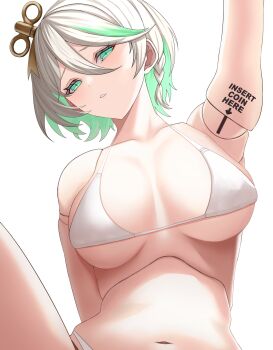 1girl alternate_breast_size_(larger) bikini braid breasts cecilia_immergreen colored_inner_hair commentary doll doll_joints double-parted_bangs english_commentary green_eyes green_hair grey_hair hair_between_eyes hair_ornament highres hololive hololive_english joints large_breasts looking_at_viewer multicolored_hair navel parted_lips short_hair si_farid simple_background single_braid solo stomach streaked_hair swimsuit virtual_youtuber white_background white_bikini