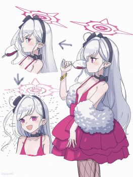1girl :d absurdres arrow_(symbol) black_choker black_hairband blue_archive bow bow_choker breasts choker commentary_request cowboy_shot cup drinking drinking_glass earrings fishnet_pantyhose fishnets fur_shawl hairband halo highres jewelry looking_at_viewer mutsuki_(blue_archive) mutsuki_(dress)_(blue_archive) notice_lines open_mouth oyasumi_(sleepingnes1) pantyhose pointy_ears red_eyes red_halo shawl simple_background small_breasts smile white_background wine_glass