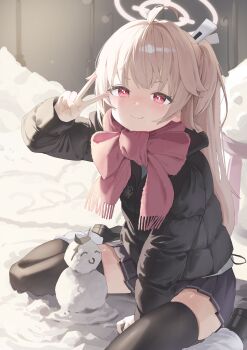 1girl absurdres ahoge black_jacket black_thighhighs blue_archive blue_skirt bow butterfly_sitting character_snowman closed_mouth commentary_request daengj doodle_sensei_(blue_archive) halo hand_up highres jacket korean_commentary long_hair long_sleeves looking_at_viewer mini_snowman natsu_(blue_archive) on_ground padded_jacket pink_hair pink_halo pleated_skirt red_eyes red_scarf scarf scarf_bow sensei_(blue_archive) side_ponytail sitting skirt smile snow snowman solo thighhighs v zettai_ryouiki