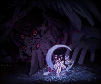 black_hair columbina_(genshin_impact) commentary crescent dark dim_lighting dress english_commentary extra_eyes genshin_impact head_wings highres long_hair luonnotar_(genshin_impact) mizukke monster multicolored_hair off-shoulder_dress off_shoulder pink_eyes purple_hair sitting size_difference white_dress wings