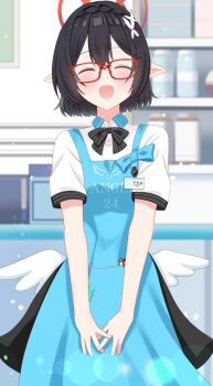 1girl alternate_costume angel&#039;s_24_uniform_(blue_archive) apron ayane_(blue_archive) black_hair blue_archive glasses shirt short_sleeves solo twitter white_shirt