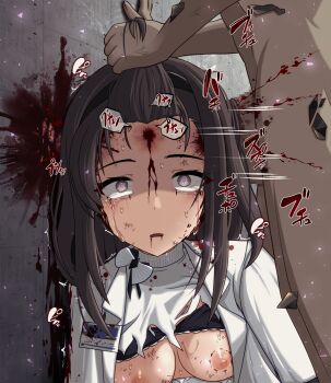 1boy 1girl arknights bite_mark bite_mark_on_breast black_bra blood bra bra_lift breasts breasts_out brown_hair censored clothes_lift crying empty_eyes execution grabbing_another&#039;s_hair guro headshot hetero highres holding_another&#039;s_hair id_card jacket large_penis long_hair material_growth mosaic_censoring necrophilia nipples open_clothes open_jacket open_mouth oripathy_lesion_(arknights) penis priestess_(arknights) purple_eyes sex shaded_face shirt skull_fucking small_breasts solo_focus streaming_tears tears torn_clothes torn_shirt underwear upper_body vixen9 white_jacket white_shirt