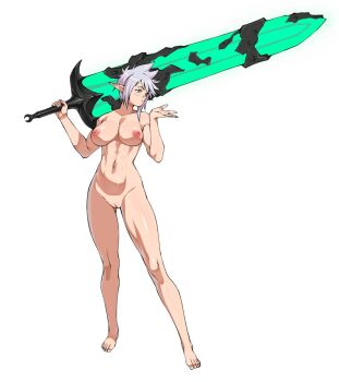 Rule 34 | 1girl, axl crow, blowing kiss, blue eyes, breasts, commentary, completely nude, demonherd, english commentary, full body, grey hair, highres, holding, holding sword, holding weapon, huge weapon, large breasts, navel, nipples, nude, parted lips, pointy ears, pussy, seyhla (demonherd), short hair, simple background, solo, standing, sword, weapon, white background