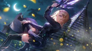 Rule 34 | 1girl, arm up, backlighting, black boots, black jacket, black skirt, blonde hair, blurry, blurry background, boots, breasts, closed mouth, crescent moon, dutch angle, earrings, eyelashes, falling petals, fighting stance, flower, foot out of frame, from side, glint, gun, hair ornament, hairclip, hand up, heaven burns red, high heel boots, high heels, highres, holding, holding gun, holding weapon, jacket, jewelry, large breasts, long sleeves, looking at viewer, medium hair, minase ichigo, minase ichigo (cold-blooded silent killer), miniskirt, moon, moonlight, night, official alternate costume, official art, on roof, outdoors, parallel hairclips, petals, pleated skirt, purple eyes, rooftop, rose, rose petals, serious, skirt, solo, standing, stud earrings, thigh boots, thighs, v-shaped eyebrows, weapon, yellow flower, yellow rose