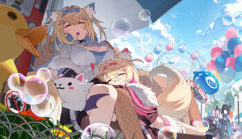 5girls absurdres amusement_park animal_ear_fluff animal_ears black_hair blonde_hair blue_sky breasts bubble cleavage cloud commentary dog_ears dog_girl dog_tail drooling eun_yo faceless faceless_female ferris_wheel flower food fuwawa_abyssgard fuwawa_abyssgard_(1st_costume) goth_fashion grey_hair highres holding holding_food holding_ice_cream holoadvent hololive hololive_english ice_cream koseki_bijou koseki_bijou_(1st_costume) lying lying_on_lap mococo_abyssgard mococo_abyssgard_(1st_costume) multicolored_hair multiple_girls nerissa_ravencroft nerissa_ravencroft_(1st_costume) no_symbol on_bench on_stomach outdoors perroccino_(fuwamoco) pokey_(hololive) rubber_duck shade shiori_novella shiori_novella_(1st_costume) siblings sitting sky sleeping sleeping_on_person split-color_hair standing symbol-only_commentary tail twins under_umbrella vending_machine virtual_youtuber