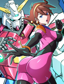 1girl amasaki_yusuke ass blue_eyes breasts brown_hair covered_erect_nipples g_gundam gundam hair_behind_ear hairband highres leaning_forward mecha mecha_pilot_suit medium_breasts mobile_trace_suit open_hand pilot_suit rain_mikamura rising_gundam robot short_hair skin_tight v-fin yellow_hairband