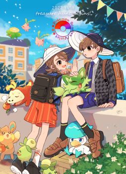 apple arm_support backpack bag black_eyes blue_eyes blue_sky braid brown_eyes brown_hair bush chikafuji closed_eyes cloud collared_shirt crate dated florian_(pokemon) flower food fruit fuecoco gen_2_pokemon hand_on_another's_head hand_up hands_on_own_hips hat highres holding holding_food holding_fruit holding_unworn_clothes holding_unworn_hat hoppip jacket juliana_(pokemon) leaf naranja_academy_school_uniform necktie nintendo on_lap one_eye_closed orange_shorts outdoors pawmi poke_ball_print pokemon pokemon_(creature) pokemon_on_lap pokemon_sv purple_necktie purple_shorts quaxly school school_uniform shirt shoes short_hair shorts single_braid sitting skiploom sky smoliv socks sprigatito standing sweatdrop unworn_hat unworn_headwear uva_academy_school_uniform