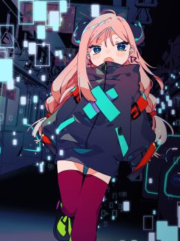 Rule 34 | 1girl, :o, ako-chan (notamaru 2), black horns, black shirt, blue eyes, blush stickers, braid, commentary request, fang, foot out of frame, green shoes, hands in pockets, highres, horns, long hair, long sleeves, looking at viewer, notamaru 2, open mouth, original, pink hair, red thighhighs, shirt, shoes, skin fang, solo, standing, standing on one leg, thighhighs, train interior, twin braids