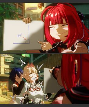 3d 3girls alice_thymefield animal_ears artist_name belle_(zenless_zone_zero) black_shirt blonde_hair blue_hair bow breasts cardigan chest_bow choker earrings fingerless_gloves foaming_at_the_mouth gloves graph green_eyes hair_between_eyes hearing_aid highres holding jacket jewelry large_breasts littleredhoodd long_hair long_sleeves looking_at_viewer low_twintails mihoyo multiple_girls pink_cardigan pointing pointing_at_object rabbit_ears rabbit_girl red_hair shirt short_hair smile smirk smug twintails ukinami_yuzuha very_long_hair white_shirt wide-eyed yellow_eyes zenless_zone_zero