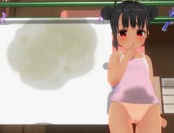 Rule 34 | 1girl, 3d, ahoge, bedsheet, bedwetting, black hair, blush, bottomless, collarbone, custom maid 3d, custom maid 3d 2, double bun, eguze (sho1013), finger to mouth, flat chest, hair bun, looking at viewer, pee stain, pink shirt, pussy, red eyes, shirt, smile, standing, tan, tank top, tanline, wet, wet clothes, wet shirt, window
