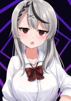 1girl @_@ absurdres black_background black_streaks blush bow bowtie braid breasts collared_shirt commentary double-parted_bangs fang grey_hair hair_ornament highres hololive hypnosis large_breasts long_hair looking_at_viewer mind_control multicolored_hair open_mouth plaid_bow ramkilog red_bow red_eyes sakamata_chloe shirt single_braid solo streaked_hair upper_body virtual_youtuber white_shirt x_hair_ornament