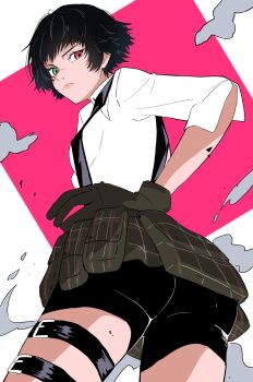 1girl aonano_db ass bike_shorts black_hair breasts devil_may_cry devil_may_cry_(series) devil_may_cry_3 gloves green_eyes hand_on_own_hip heterochromia highres lady_(devil_may_cry) red_eyes scar scar_on_face scar_on_nose shirt short_hair solo white_shirt