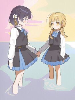 2girls black_overskirt black_ribbon black_vest blonde_hair blue_bow blue_bowtie blue_ribbon blue_skirt blush bow bowtie braid collared_shirt flower fujita_kotone gakuen_idolmaster hair_flower hair_ornament hair_ribbon hataya_misuzu hatsuboshi_gakuen_school_uniform highres holding_hands idolmaster kamin_(monemasu) long_sleeves looking_at_another multiple_girls neck_ribbon purple_eyes purple_hair ribbon school_uniform shirt short_hair skirt standing tassel tassel_hair_ornament twin_braids vest wading white_shirt yellow_eyes