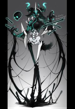 1girl animal_ears black_hair blue_hair bone bright_pupils claws colored_inner_hair commentary commission english_commentary fewer_digits full_body gradient_background grey_background highres horns long_hair looking_at_viewer monster_girl multicolored_hair one_eye_closed original pillarboxed red_eyes ringed_eyes ruteko_(ruko220) skeb_commission skeletal_body skull slime_(substance) solo standing tail white_pupils