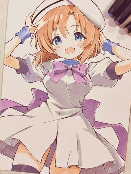 1girl :d art_tools_in_frame back_bow blue_eyes blush bow bowtie breasts cowboy_shot dot_nose dress hands_up hat highres higurashi_no_naku_koro_ni looking_at_viewer medium_breasts niyane open_mouth orange_hair parted_bangs pink_bow pink_bowtie ryuuguu_rena short_hair short_sleeves simple_background smile solo traditional_media white_background white_dress white_hat