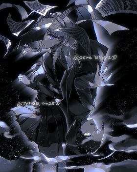 1boy 1girl :d ahoge akamatsu_kaede artist_name black_background black_jacket black_shirt black_skirt breasts cowboy_shot danganronpa_(series) danganronpa_v3:_killing_harmony fortissimo from_side hair_ornament highres jacket large_breasts long_hair long_sleeves musical_note musical_note_hair_ornament open_mouth paper pink_eyes pleated_skirt saihara_shuichi shirt short_hair skirt smile tadokorori_(tdkrr) upside-down yellow_eyes