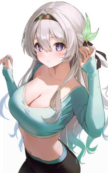 1girl absurdres alternate_costume aqua_nails aqua_shirt black_hairband breasts cleavage crop_top firefly_(honkai:_star_rail) grey_hair hairband highres honkai:_star_rail honkai_(series) long_hair long_sleeves looking_at_viewer midriff nail_polish navel purple_eyes revision ryu_o shirt simple_background solo stomach upper_body very_long_hair white_background